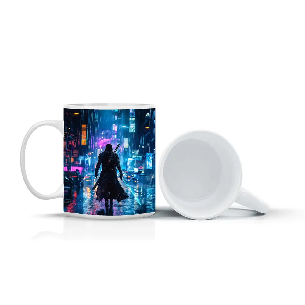 Cyberpunk Samurai Neon Rainy City Street – Mugs