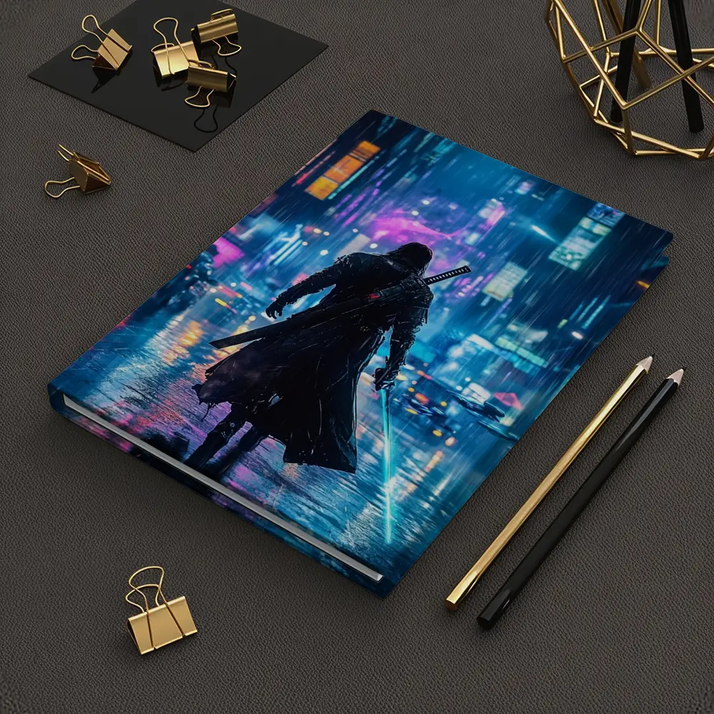 Cyberpunk Samurai Neon Rainy City Street – Notebooks