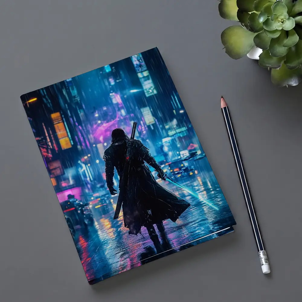 Cyberpunk Samurai Neon Rainy City Street – Notebooks