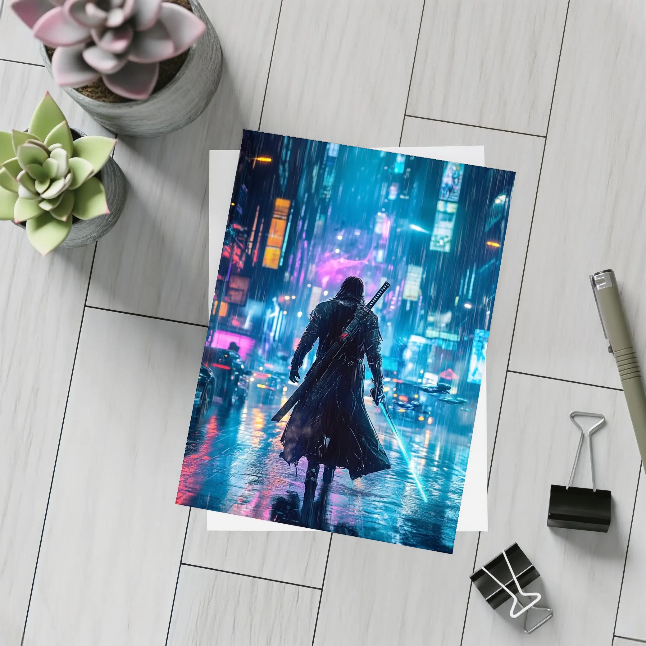 Cyberpunk Samurai Neon Rainy City Street – Postcards