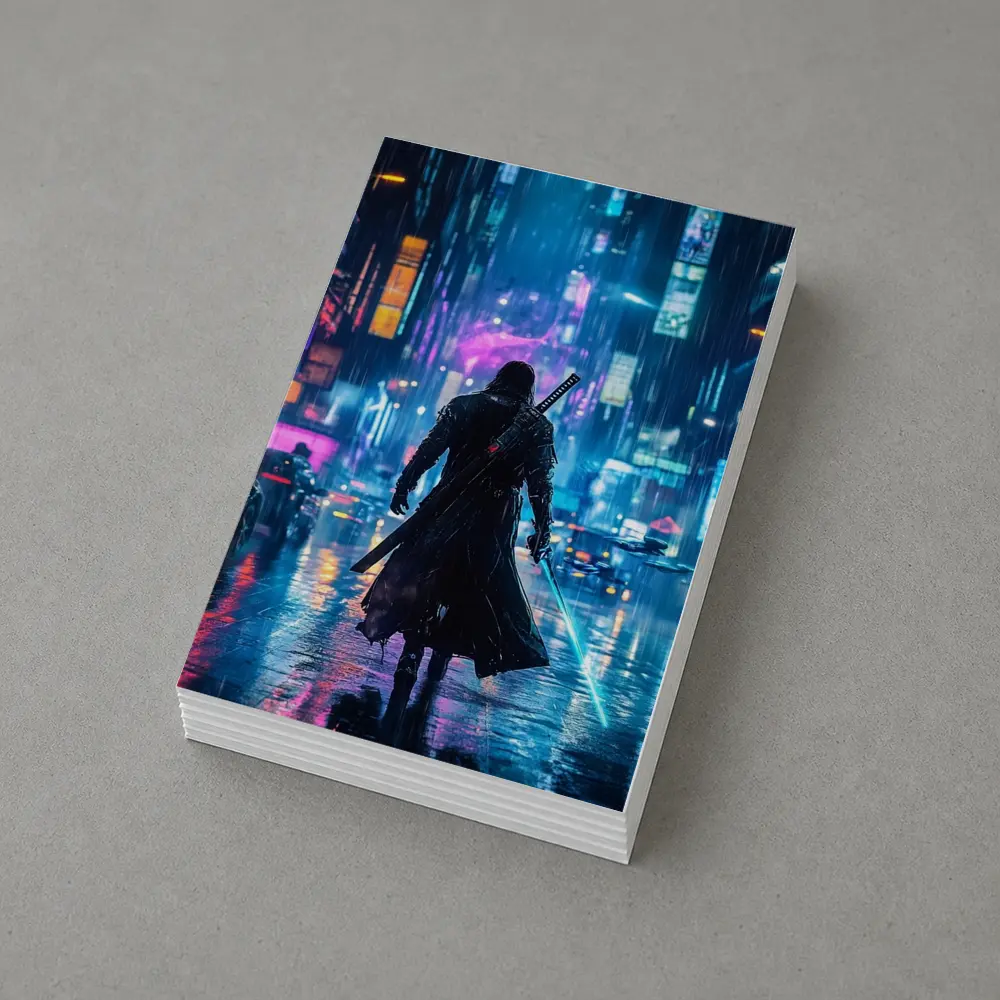 Cyberpunk Samurai Neon Rainy City Street – Postcards