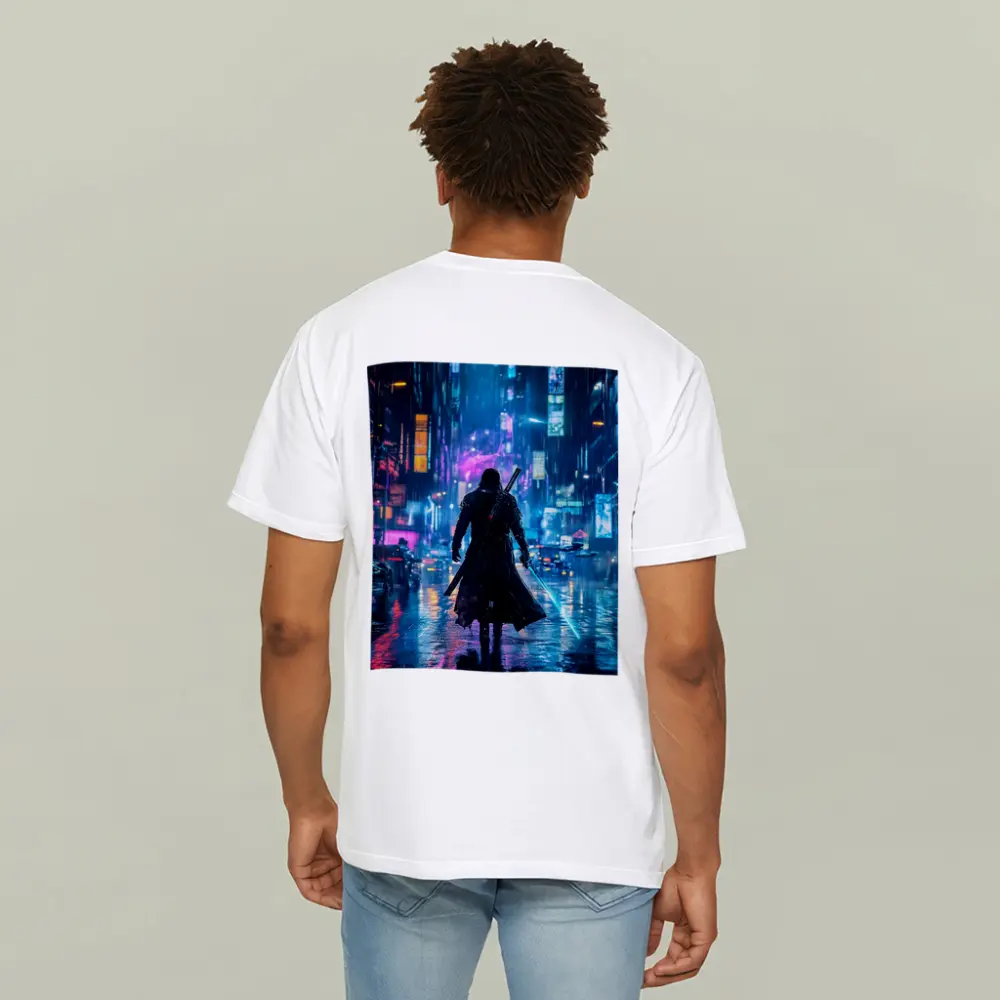 Cyberpunk Samurai Neon Rainy City Street – T-Shirts