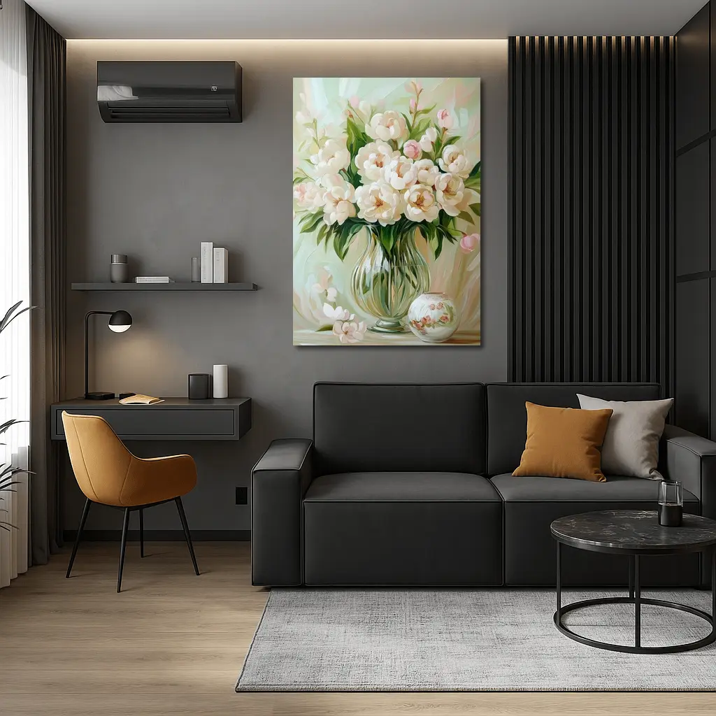 White Peonies Glass Vase Soft Pastel Painting – Wall Art