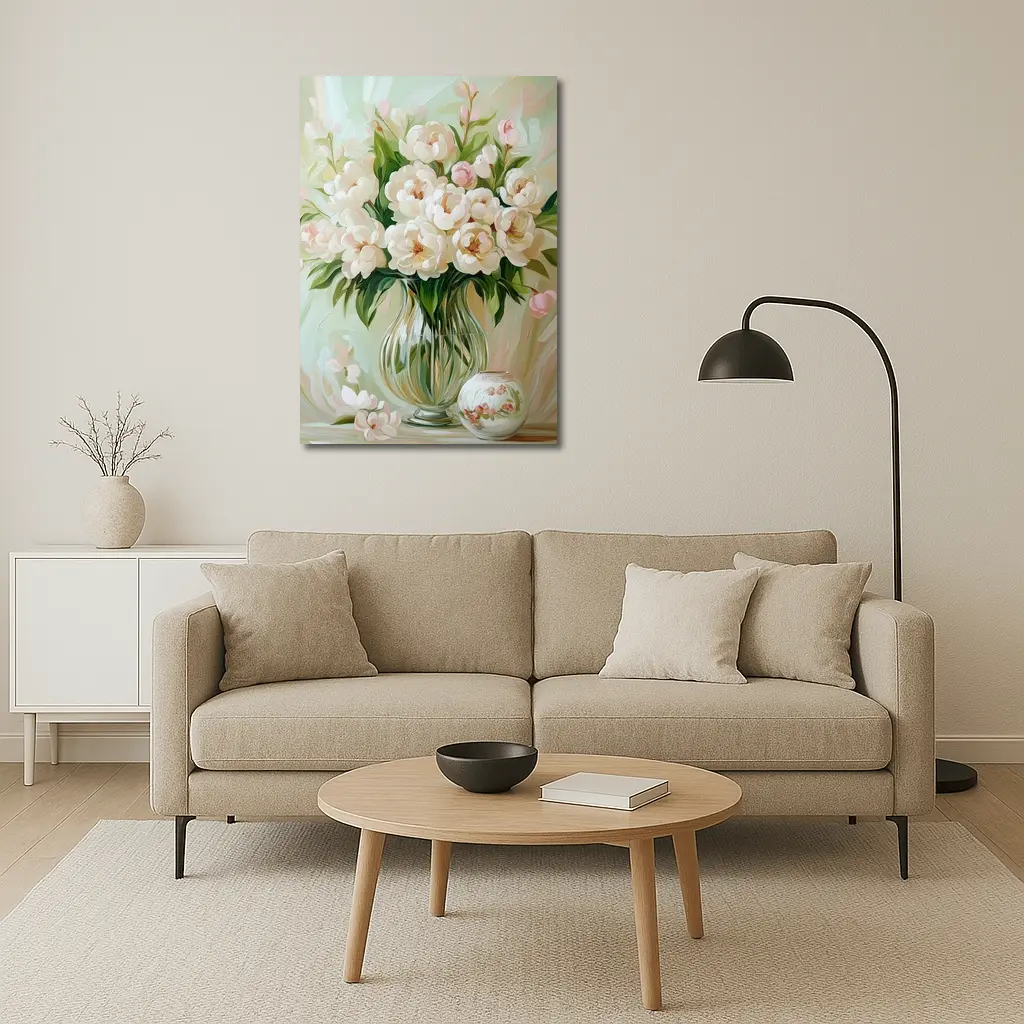 White Peonies Glass Vase Soft Pastel Painting – Wall Art
