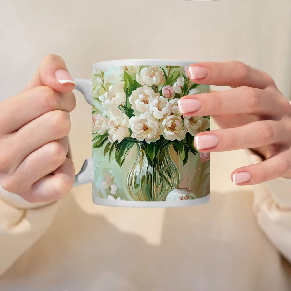 White Peonies Glass Vase Soft Pastel Painting – Mugs