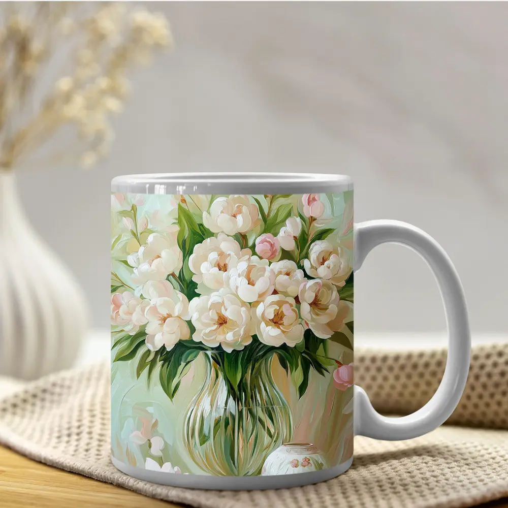 White Peonies Glass Vase Soft Pastel Painting – Mugs