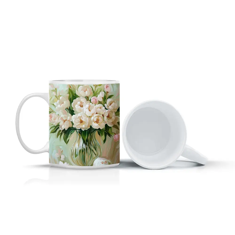 White Peonies Glass Vase Soft Pastel Painting – Mugs