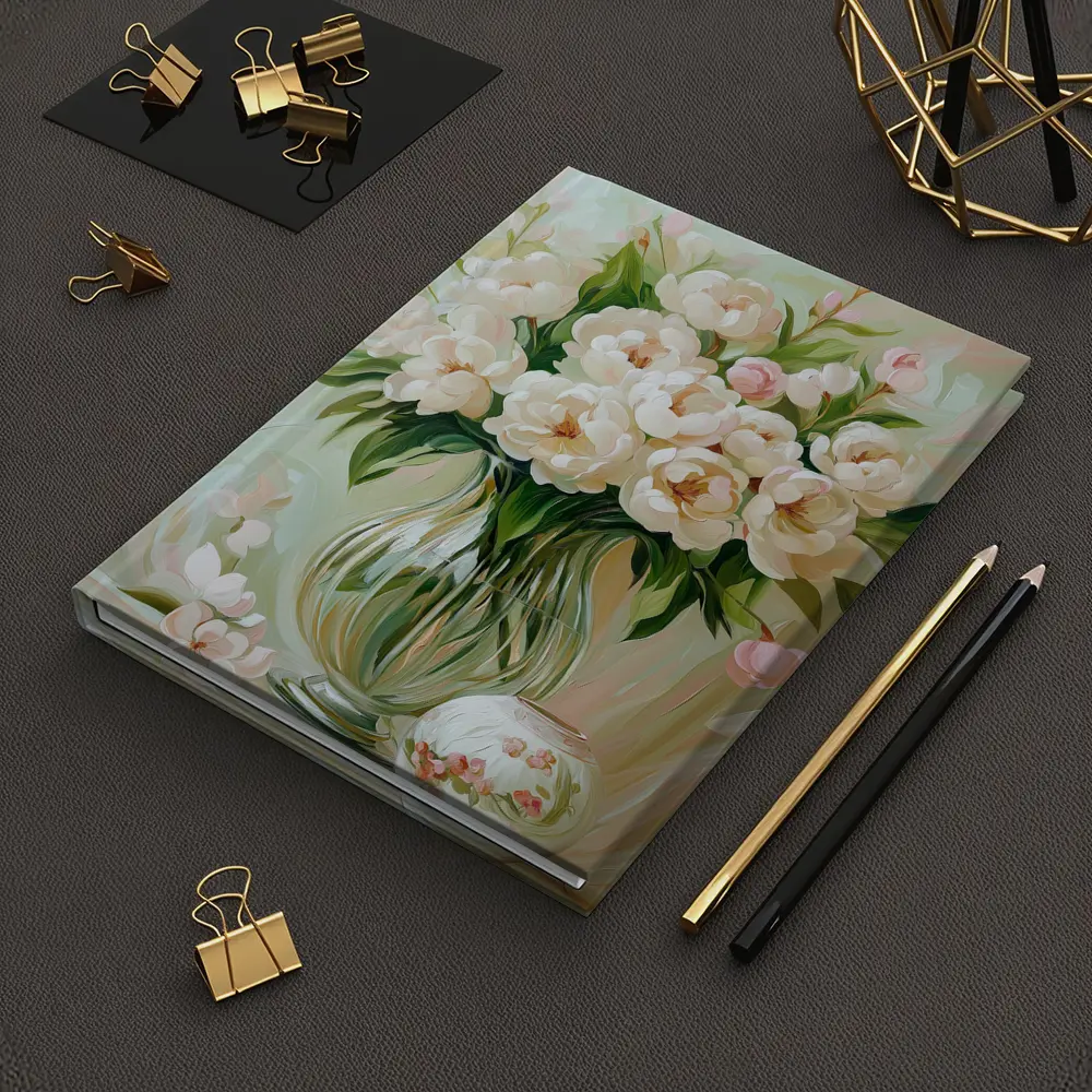 White Peonies Glass Vase Soft Pastel Painting – Notebooks