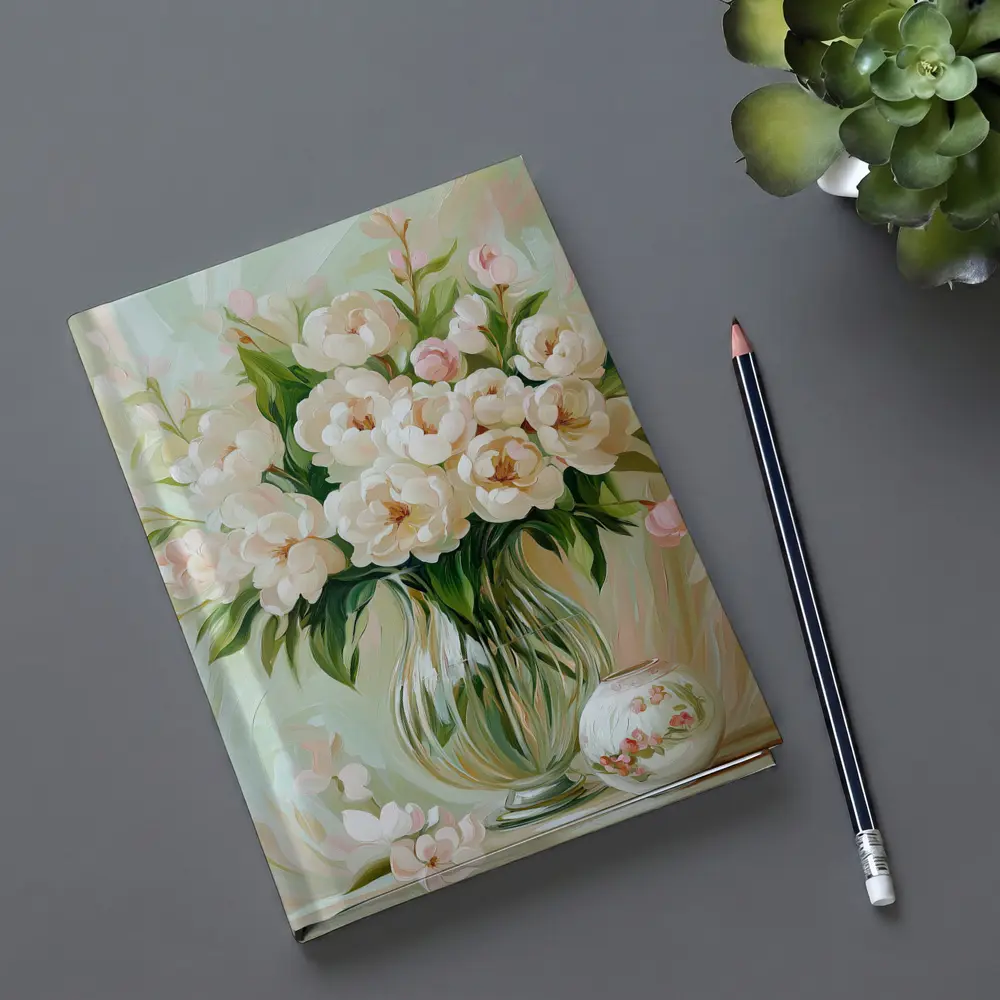 White Peonies Glass Vase Soft Pastel Painting – Notebooks