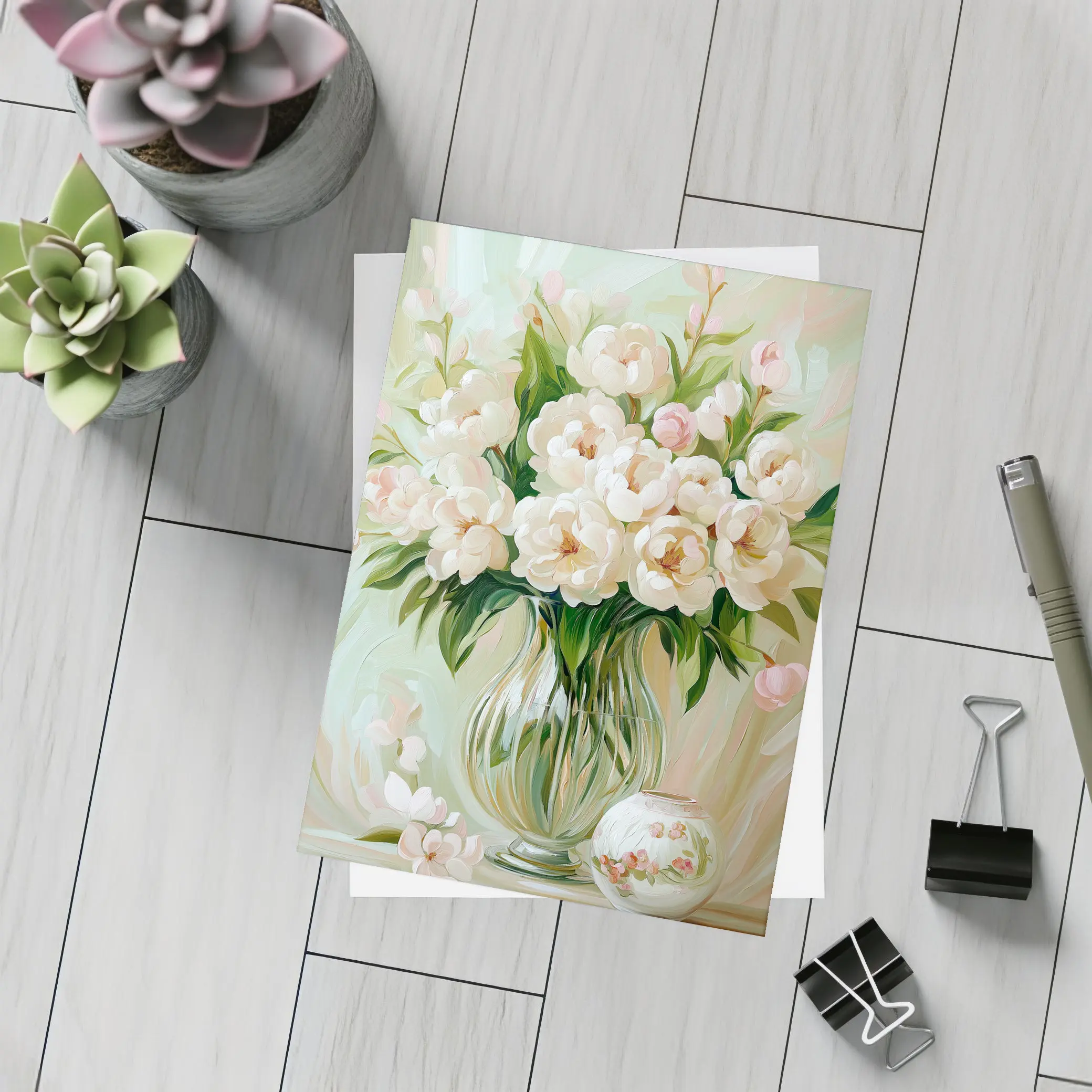 White Peonies Glass Vase Soft Pastel Painting – Postcards