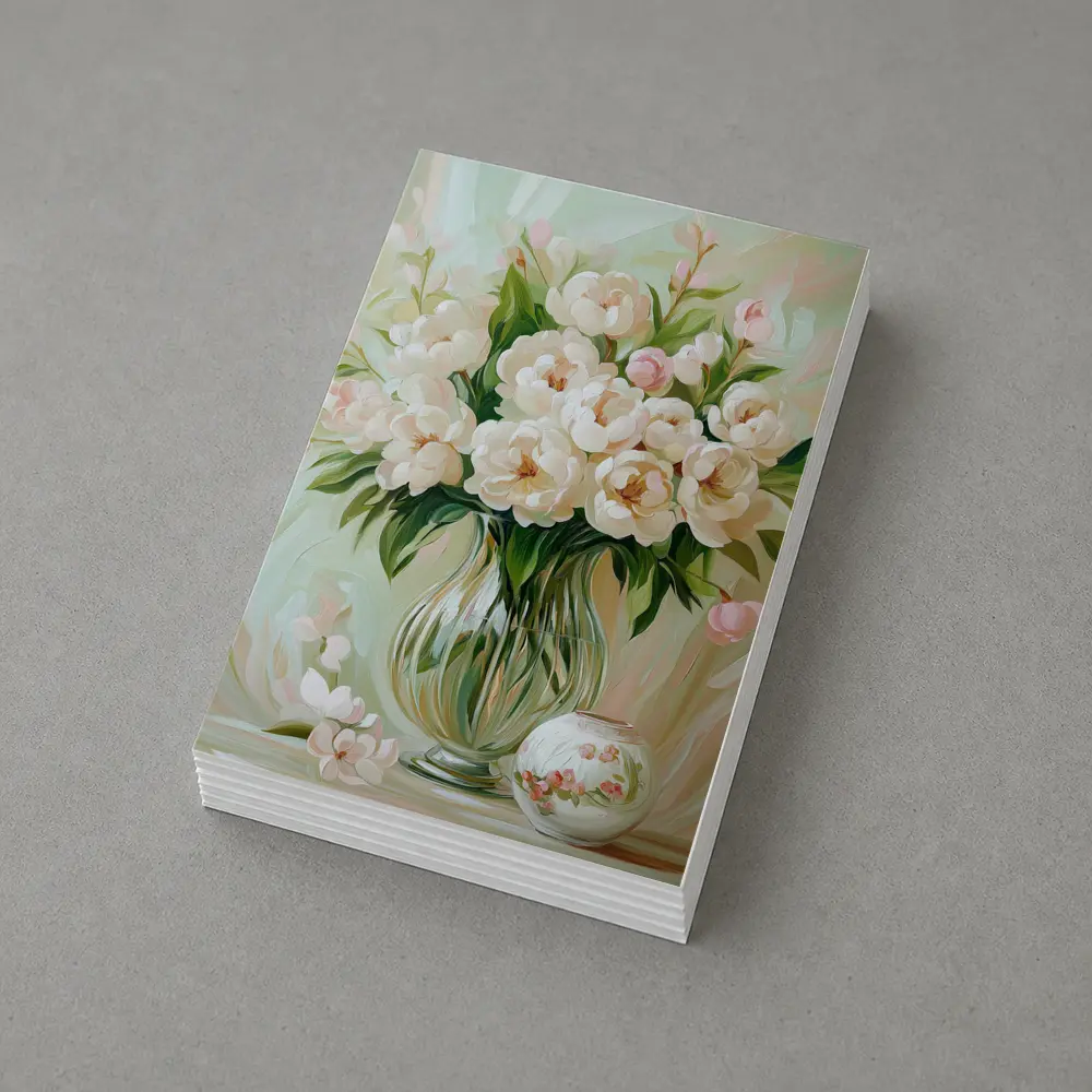 White Peonies Glass Vase Soft Pastel Painting – Postcards