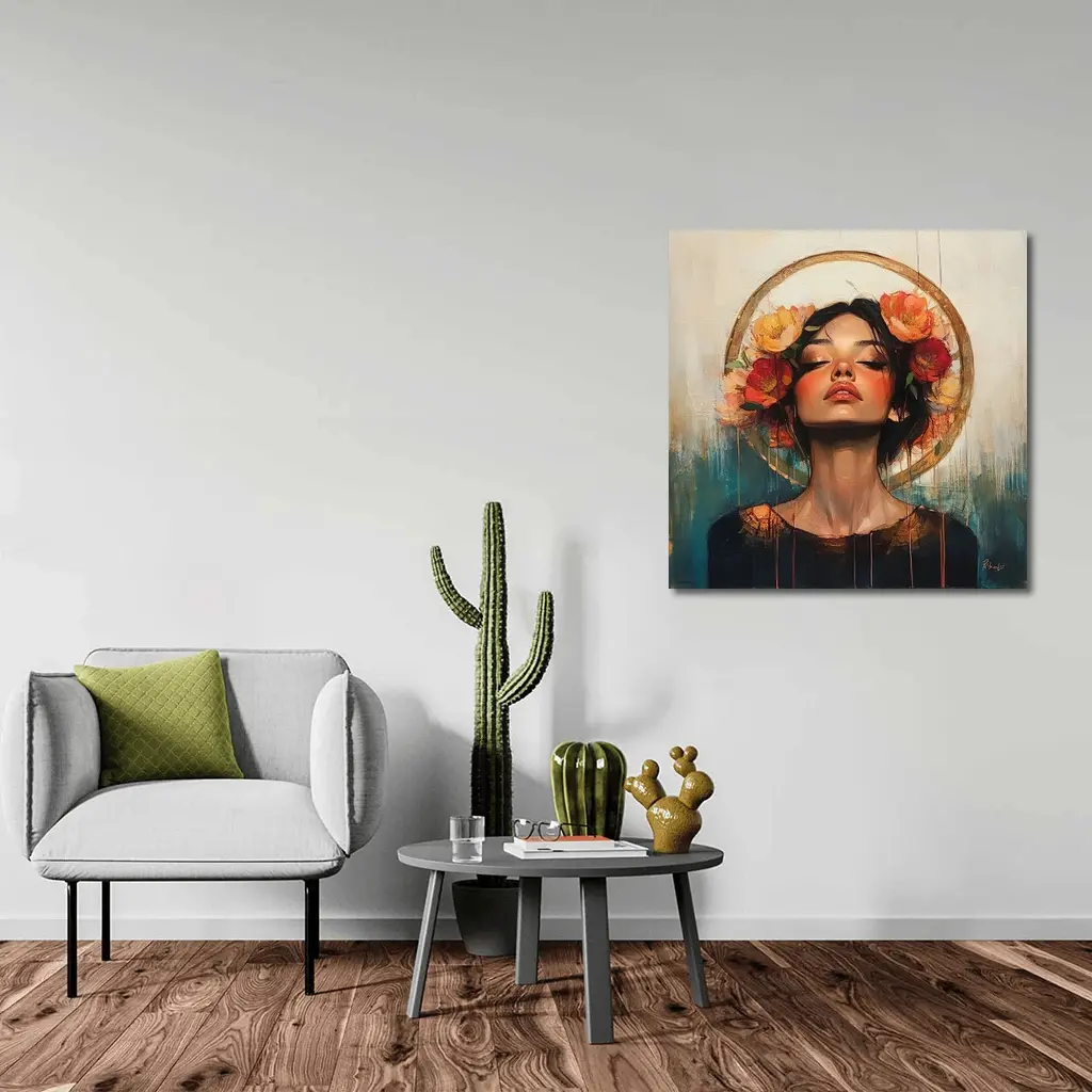 Woman Floral Crown Gold Halo Oil Painting – Wall Art