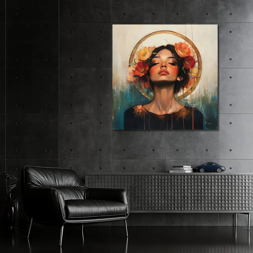 Woman Floral Crown Gold Halo Oil Painting – Wall Art