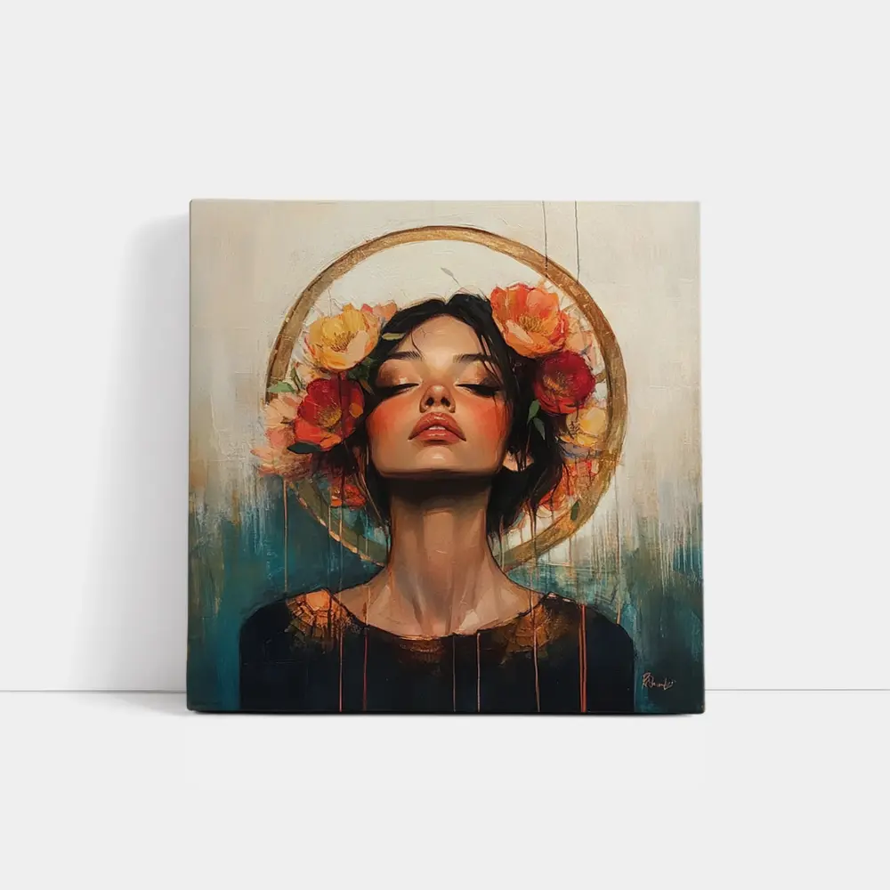 Woman Floral Crown Gold Halo Oil Painting – Wall Art
