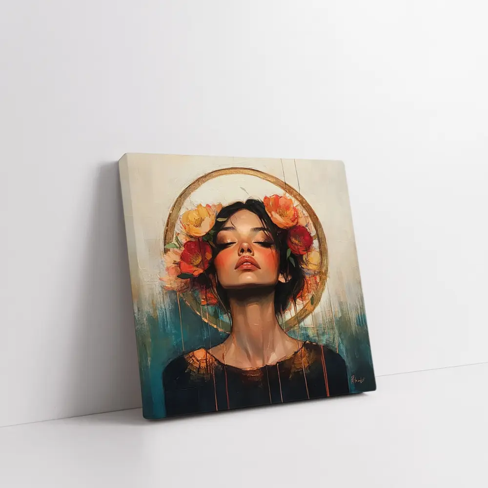 Woman Floral Crown Gold Halo Oil Painting – Wall Art