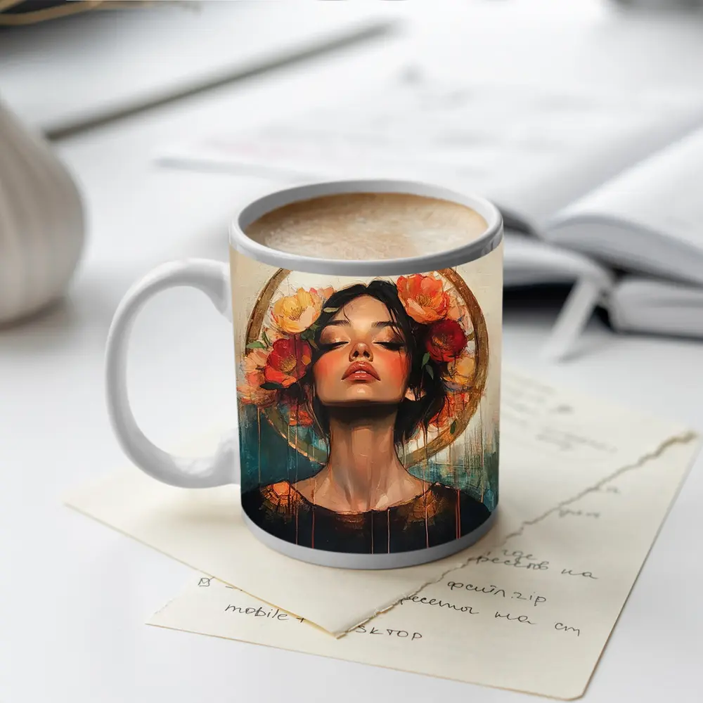Woman Floral Crown Gold Halo Oil Painting – Mugs
