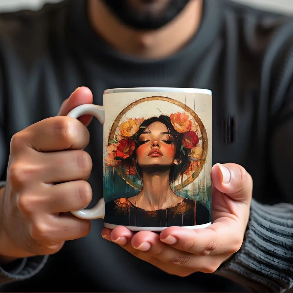 Woman Floral Crown Gold Halo Oil Painting – Mugs
