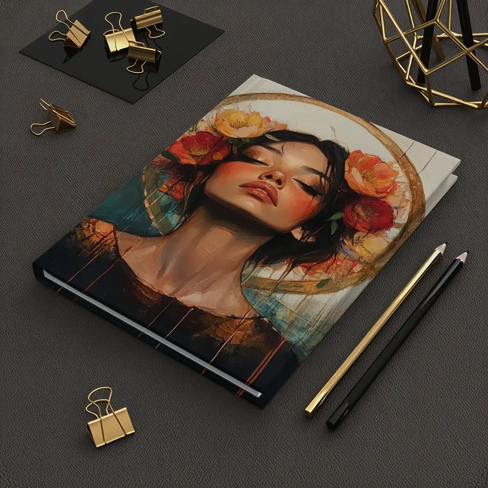 Woman Floral Crown Gold Halo Oil Painting – Notebooks