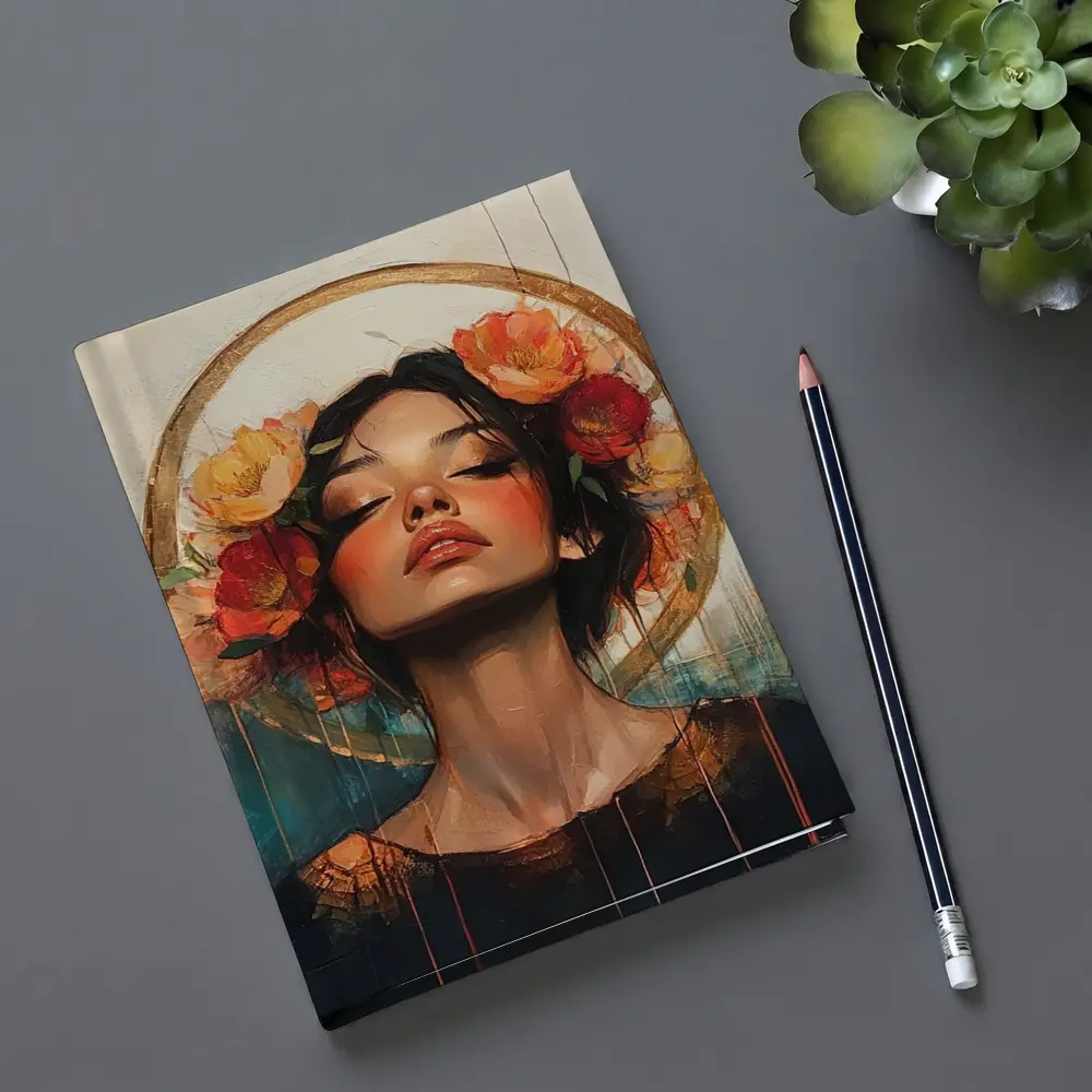 Woman Floral Crown Gold Halo Oil Painting – Notebooks