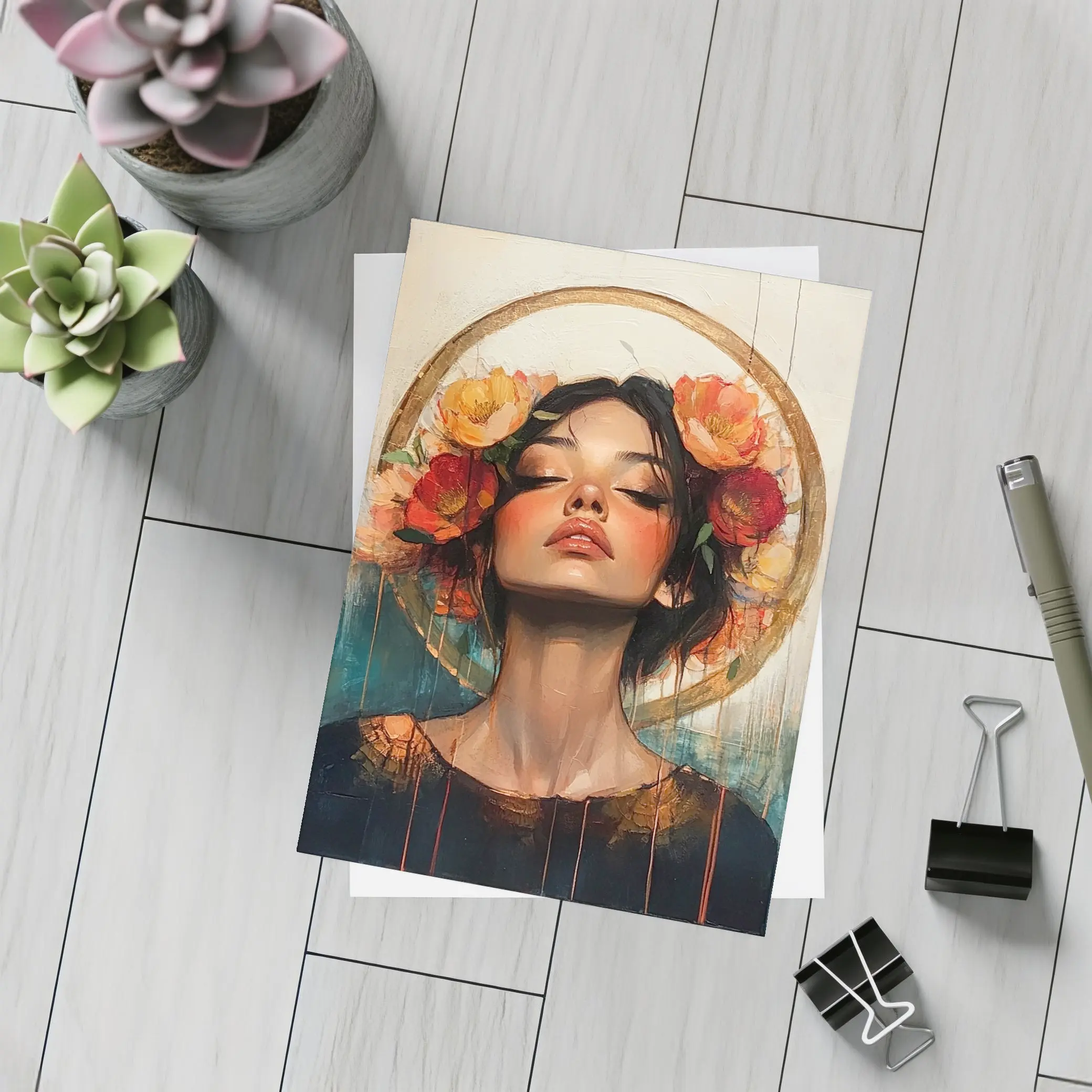 Woman Floral Crown Gold Halo Oil Painting – Postcards