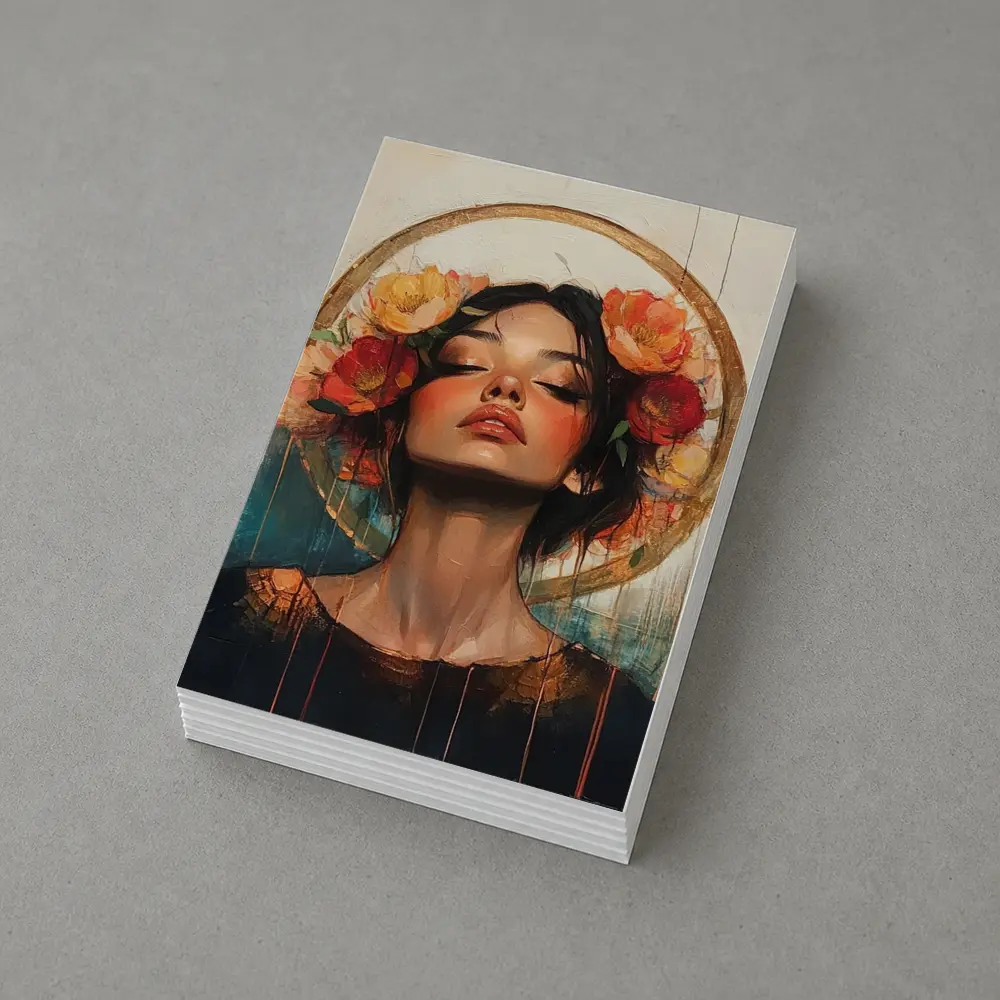 Woman Floral Crown Gold Halo Oil Painting – Postcards