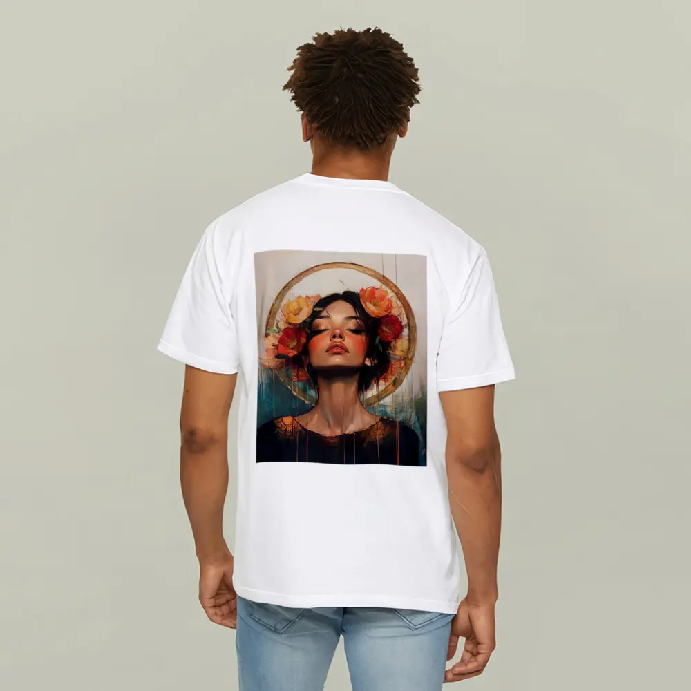 Woman Floral Crown Gold Halo Oil Painting – T-Shirts