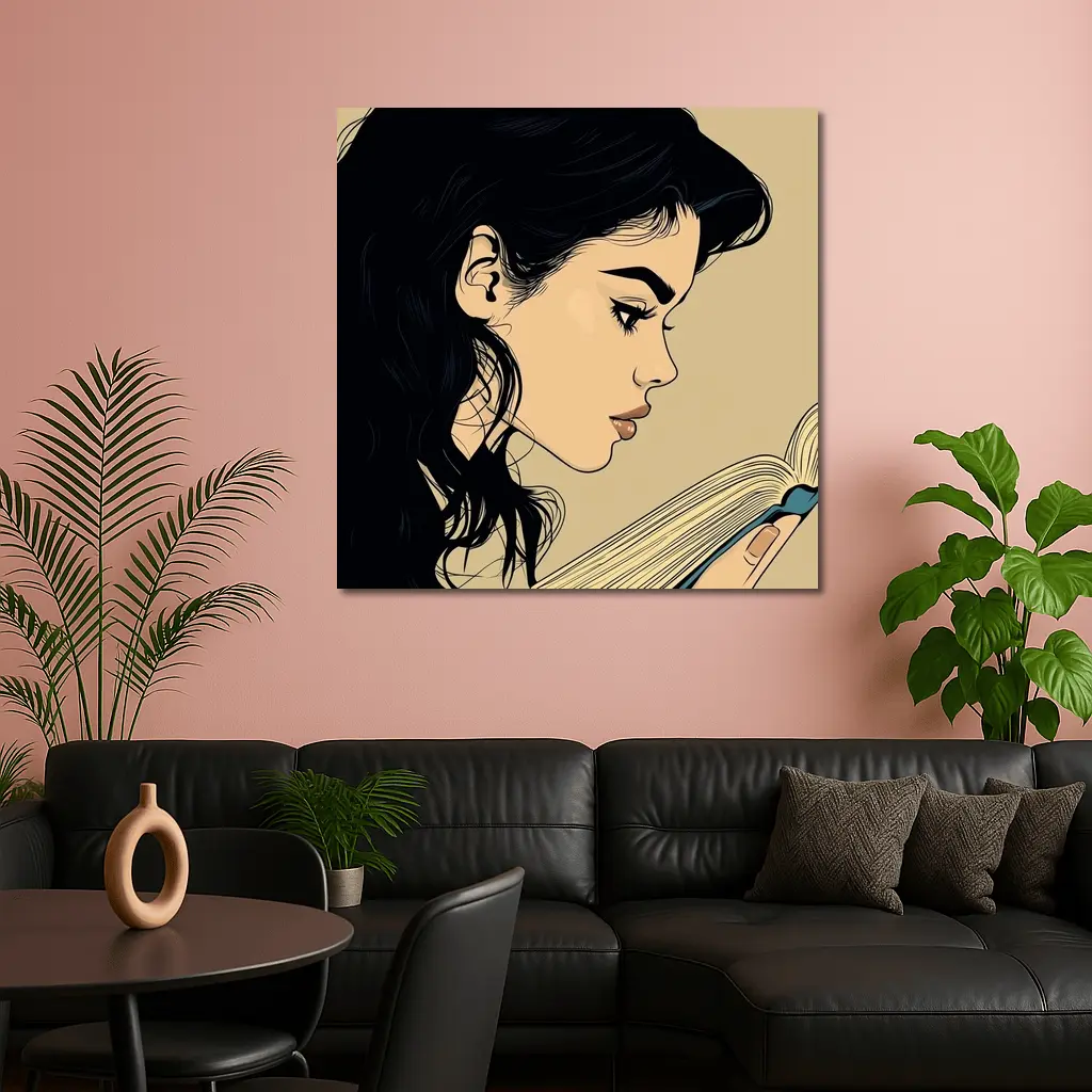 Pop Art Woman Reading Book Beige Background – Wall Art