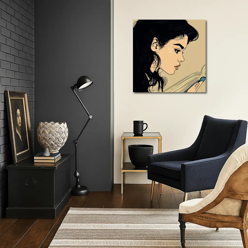 Pop Art Woman Reading Book Beige Background – Wall Art