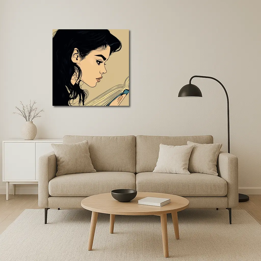 Pop Art Woman Reading Book Beige Background – Wall Art