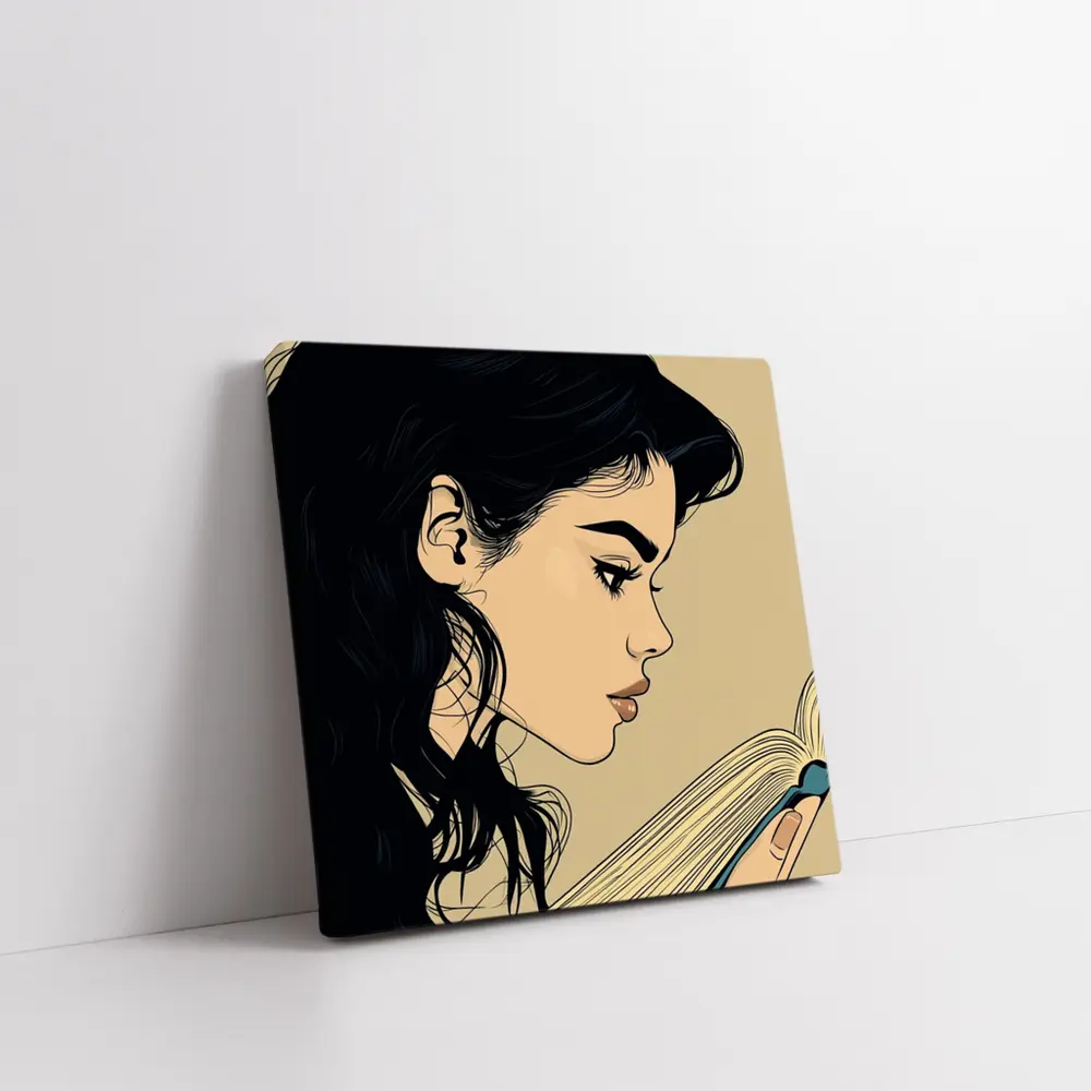 Pop Art Woman Reading Book Beige Background – Wall Art
