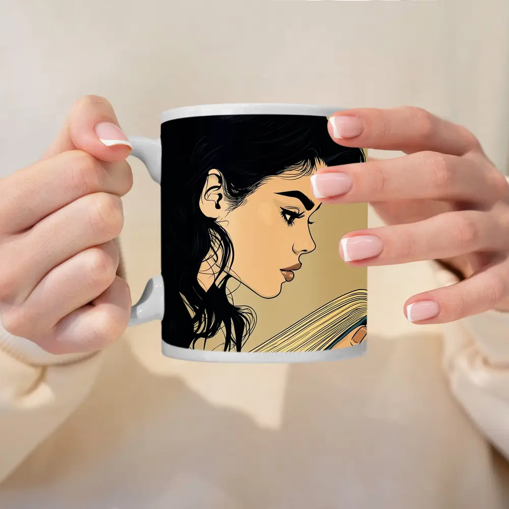 Pop Art Woman Reading Book Beige Background – Mugs