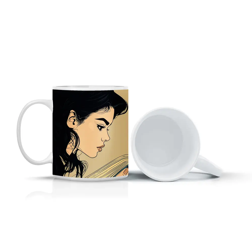 Pop Art Woman Reading Book Beige Background – Mugs