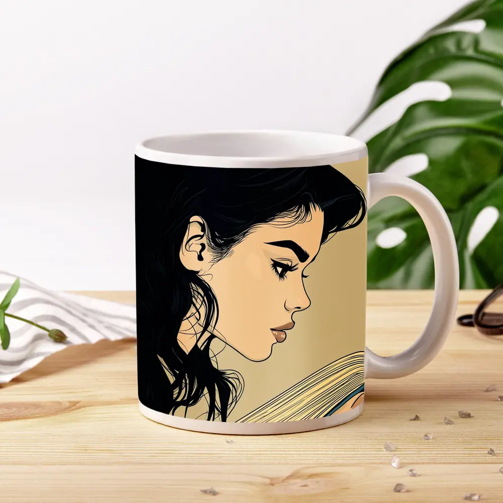 Pop Art Woman Reading Book Beige Background – Mugs