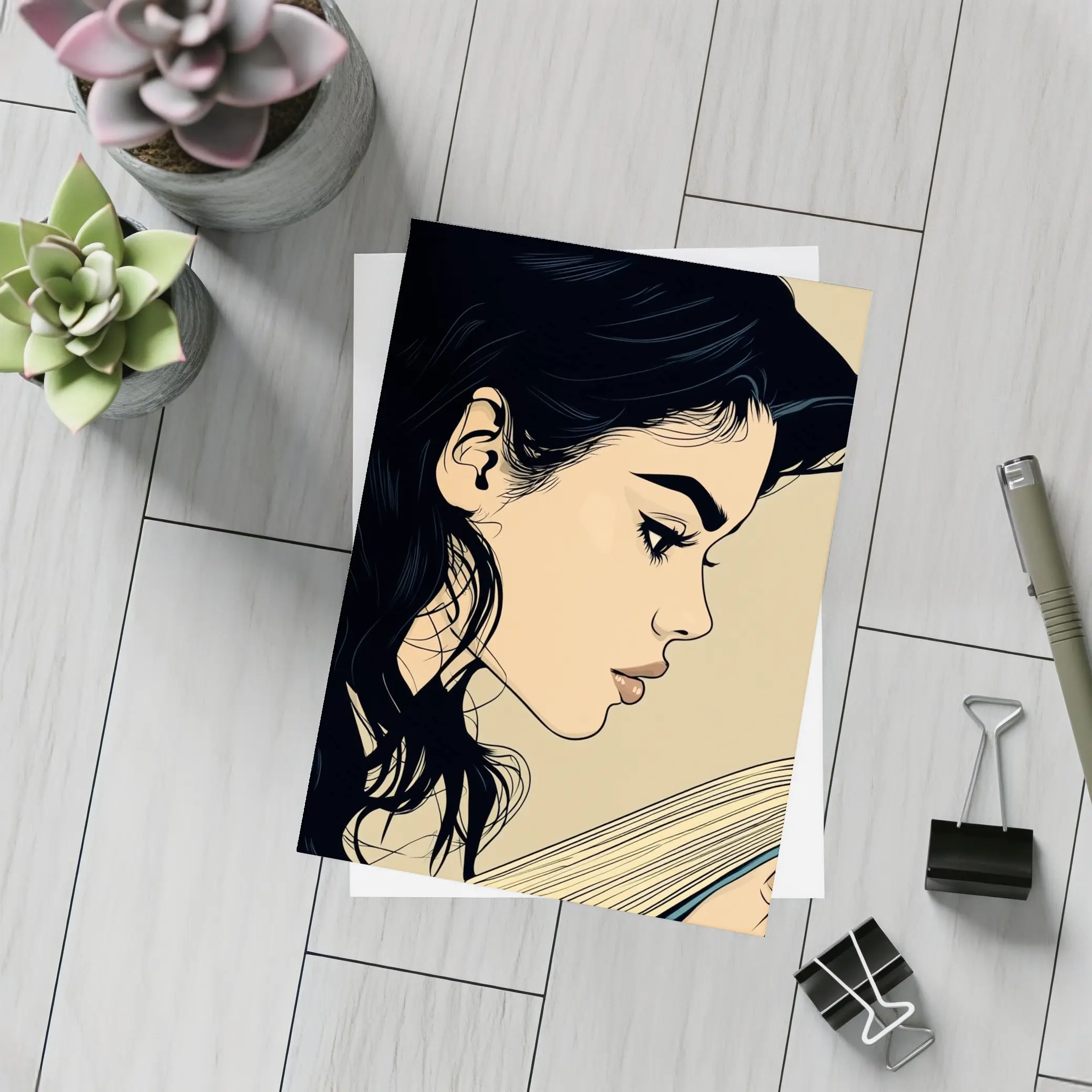 Pop Art Woman Reading Book Beige Background – Postcards