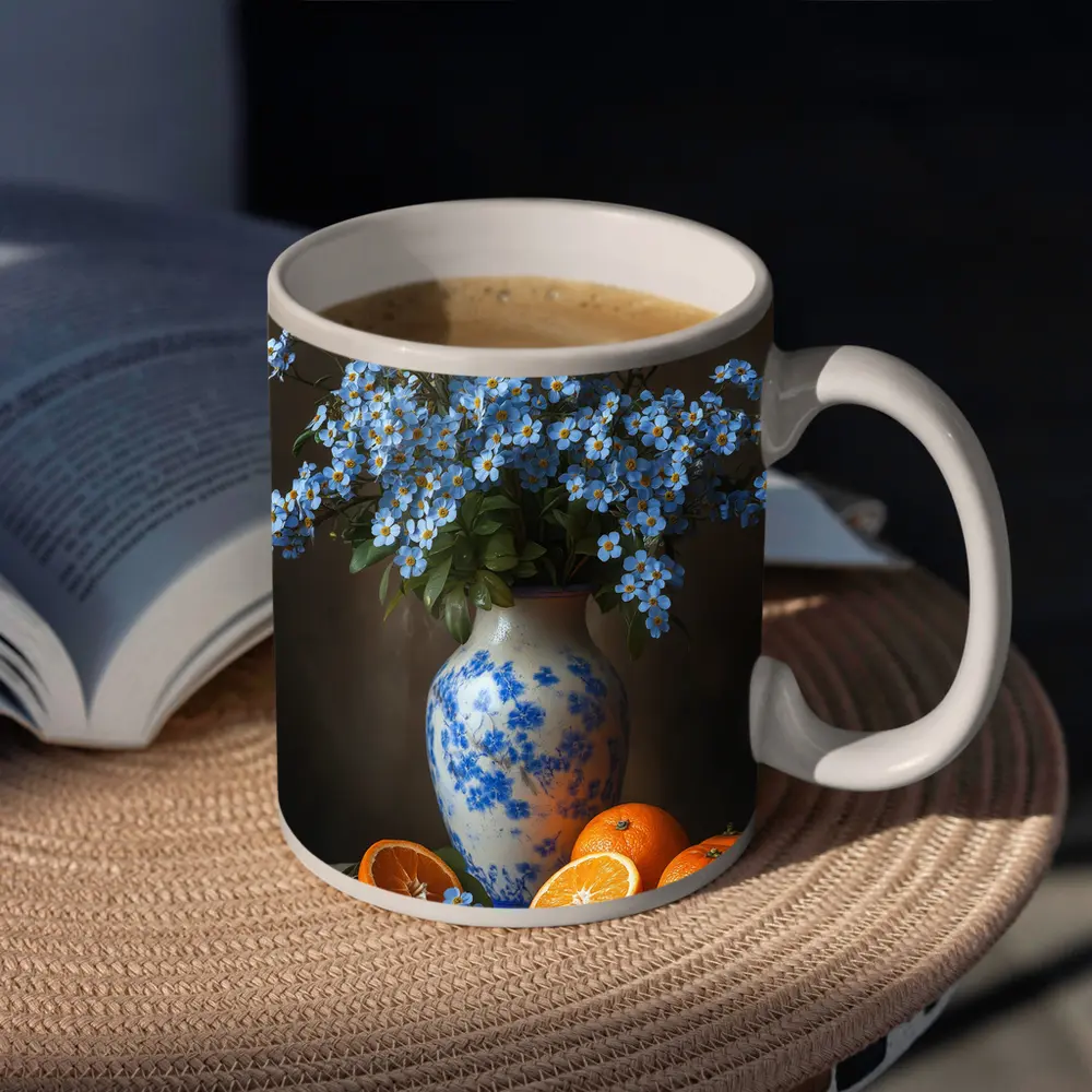 Forget Me Not Flowers Blue Vase Oranges – Mugs
