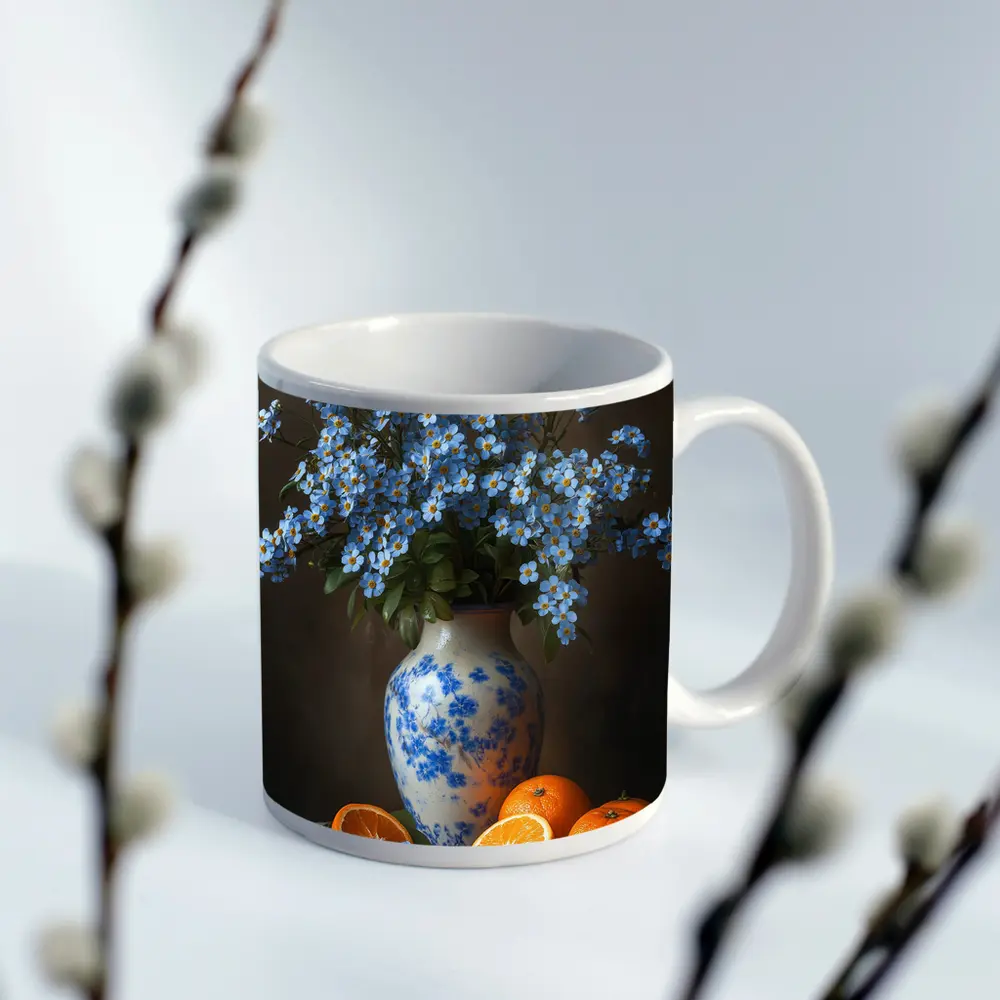 Forget Me Not Flowers Blue Vase Oranges – Mugs