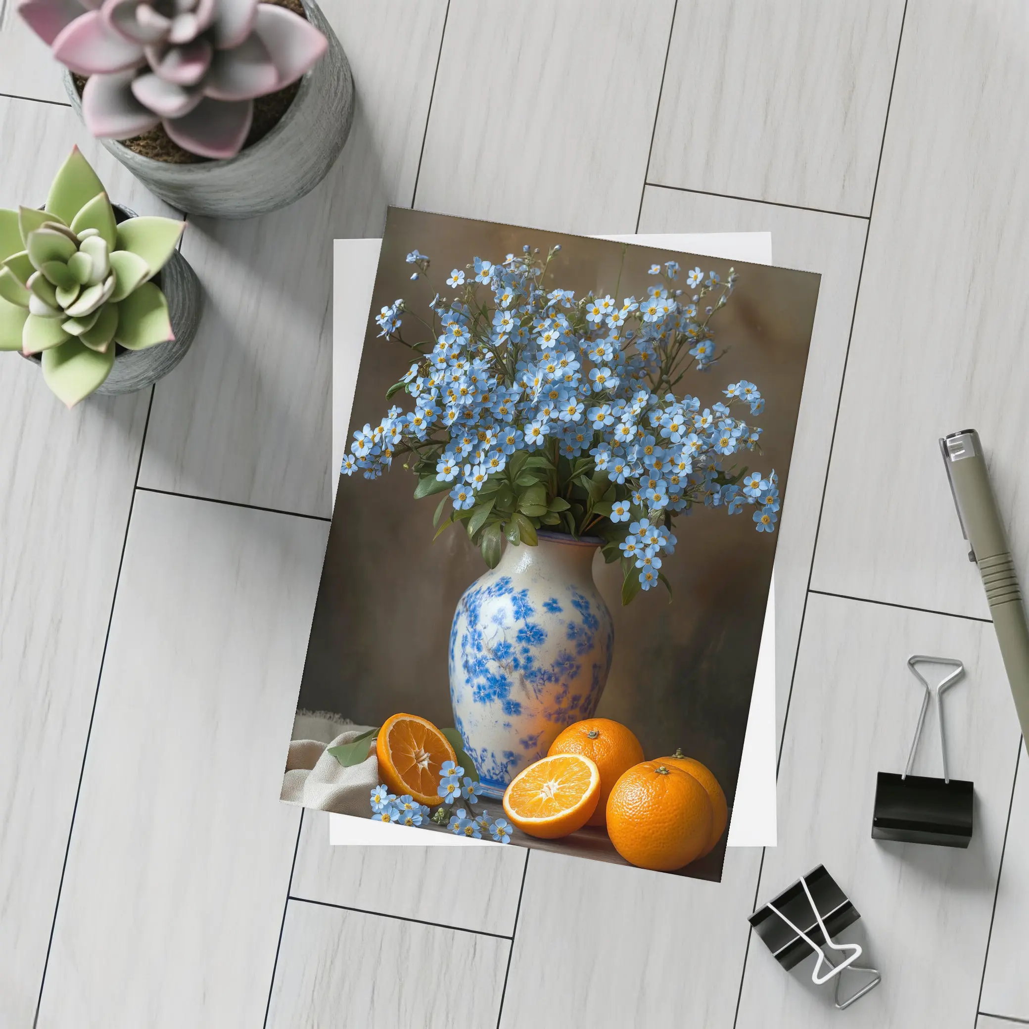 Forget Me Not Flowers Blue Vase Oranges – Postcards