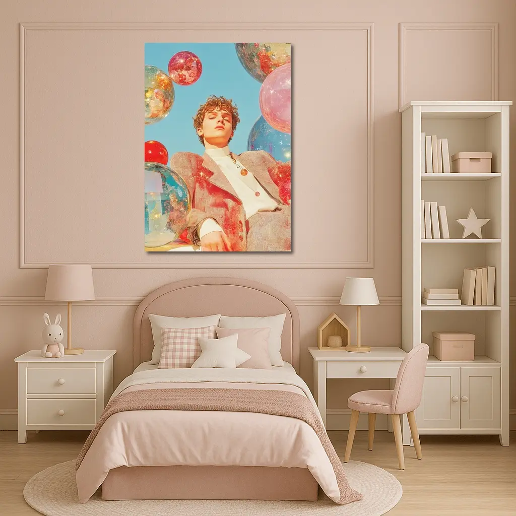 Young Man Floating Colorful Spheres Sky – Wall Art