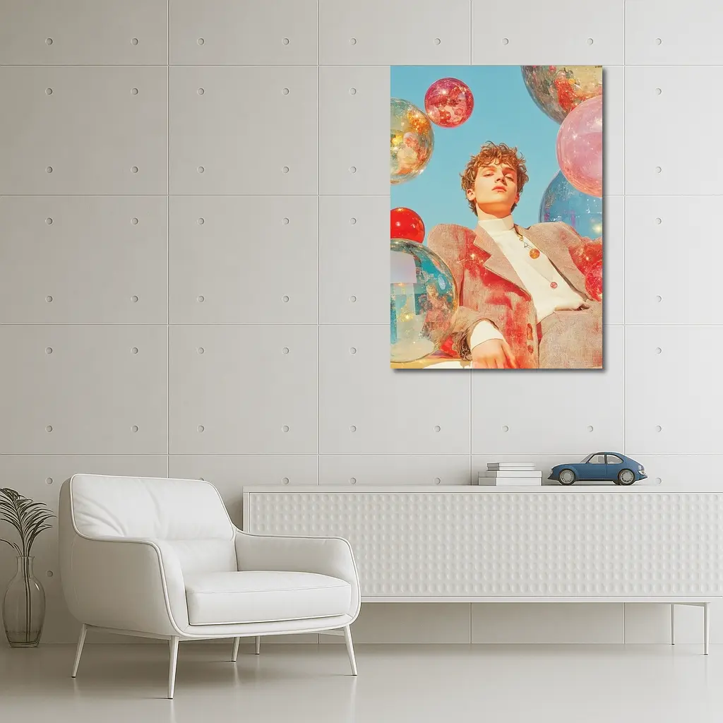 Young Man Floating Colorful Spheres Sky – Wall Art