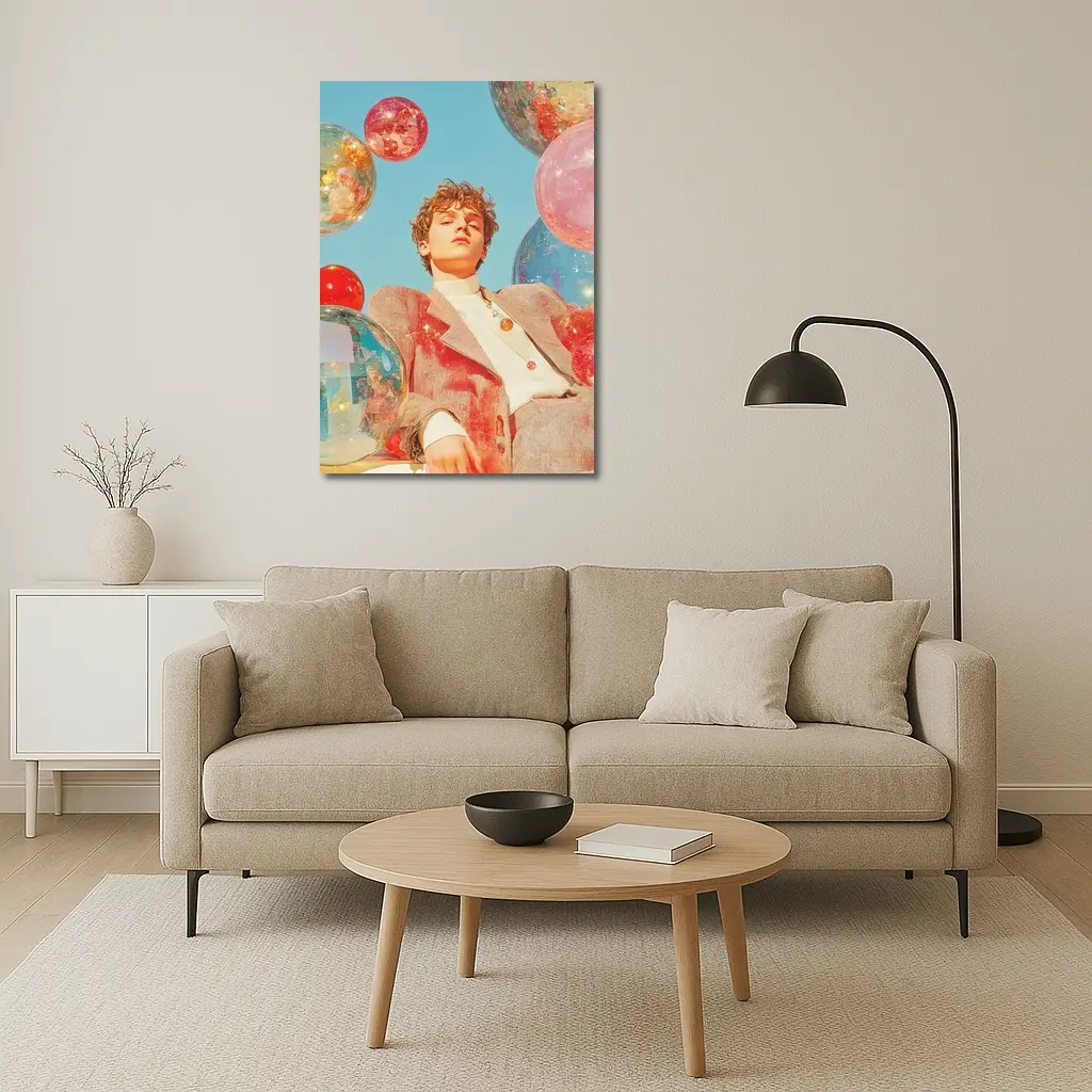 Young Man Floating Colorful Spheres Sky – Wall Art