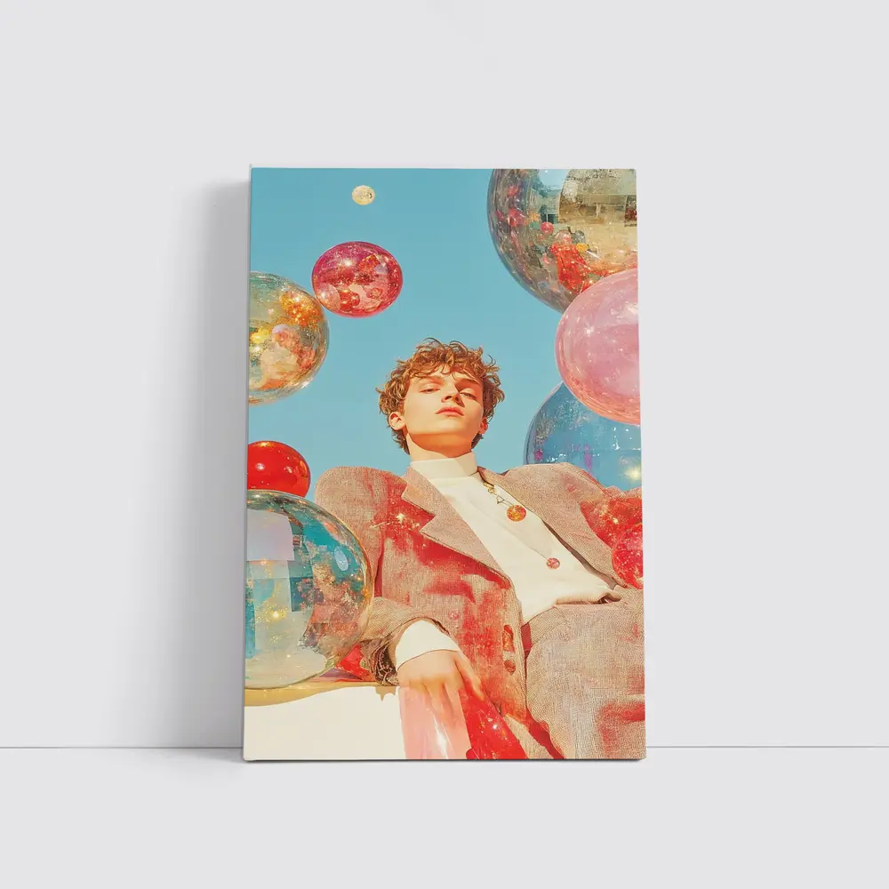 Young Man Floating Colorful Spheres Sky – Wall Art