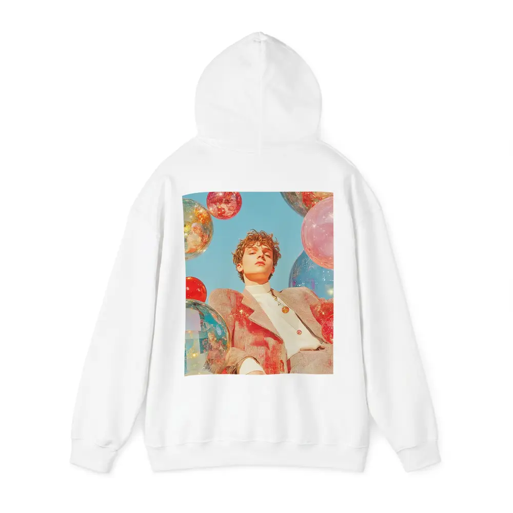 Young Man Floating Colorful Spheres Sky – Hoodies