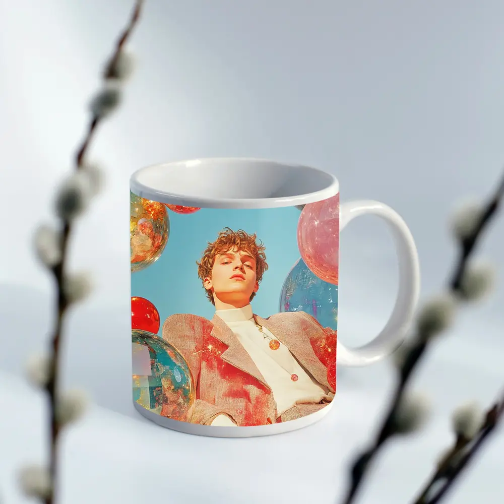 Young Man Floating Colorful Spheres Sky – Mugs