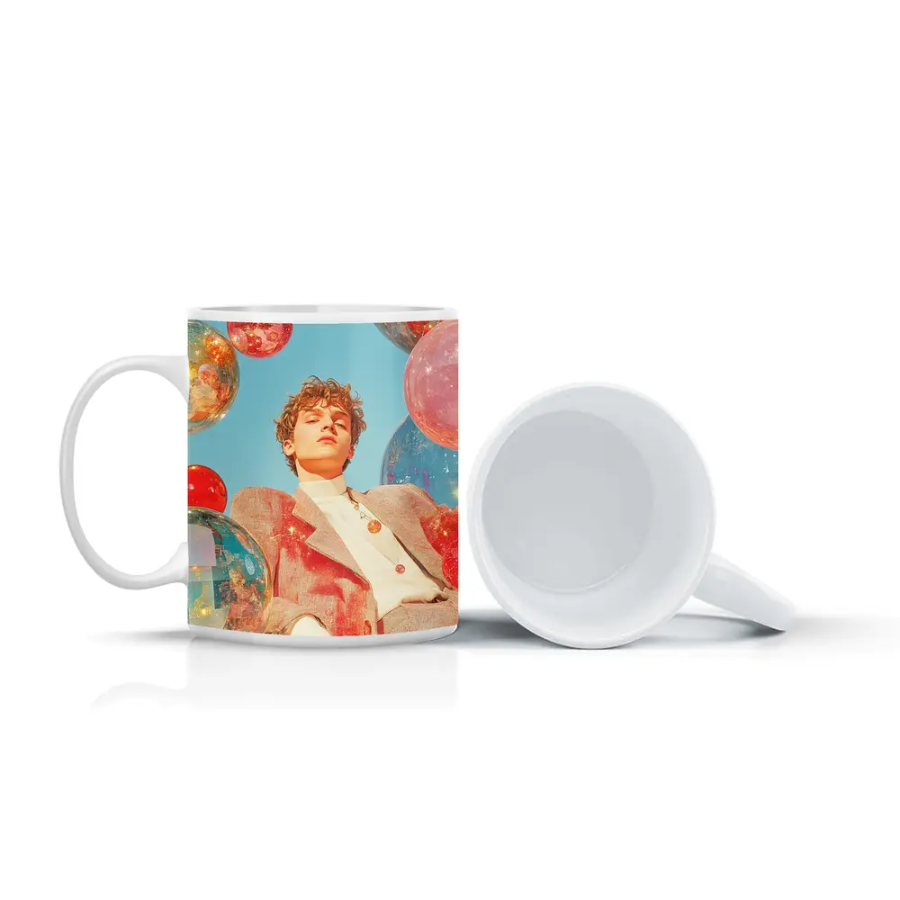 Young Man Floating Colorful Spheres Sky – Mugs