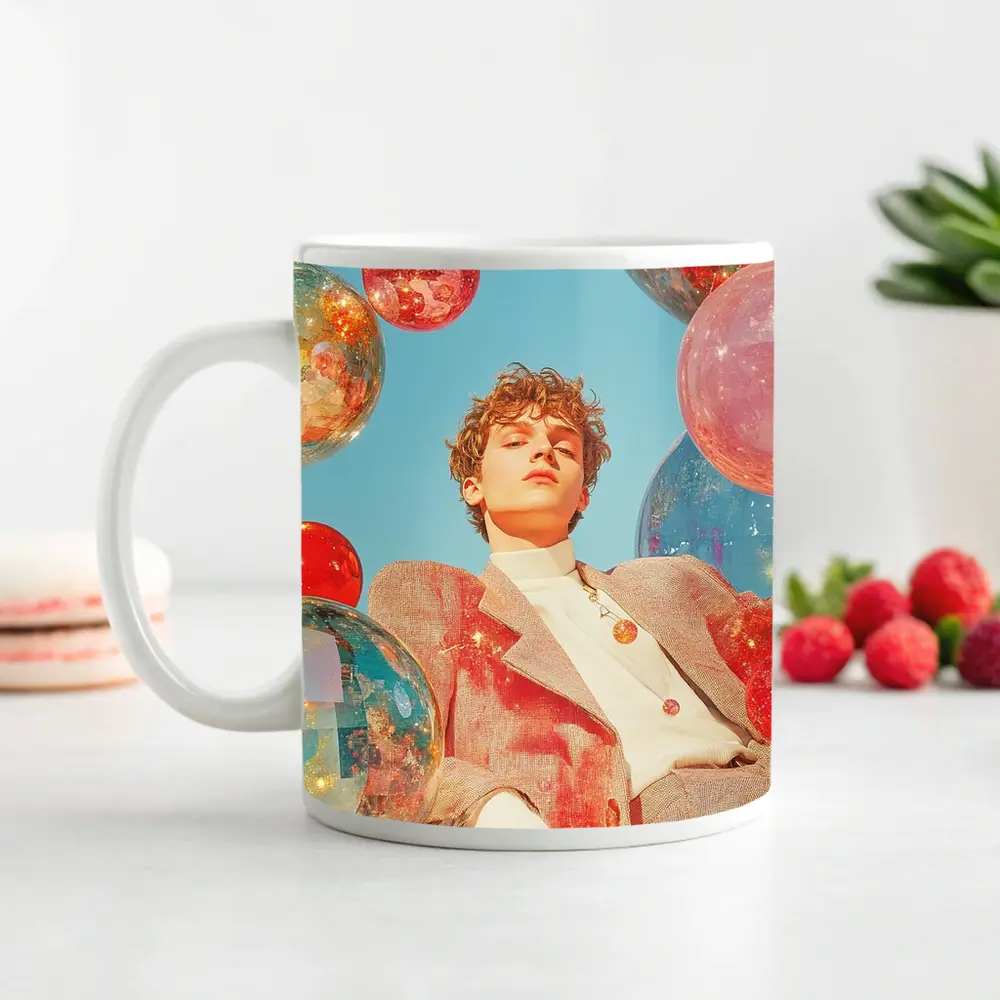 Young Man Floating Colorful Spheres Sky – Mugs