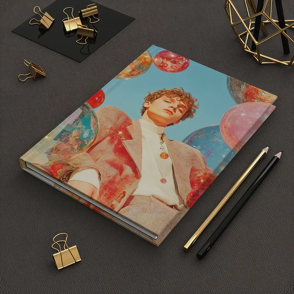 Young Man Floating Colorful Spheres Sky – Notebooks