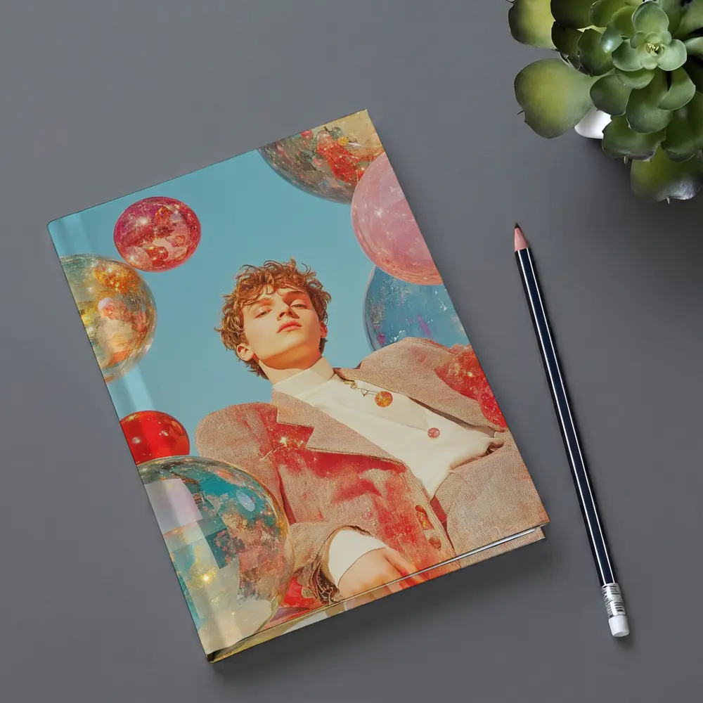 Young Man Floating Colorful Spheres Sky – Notebooks