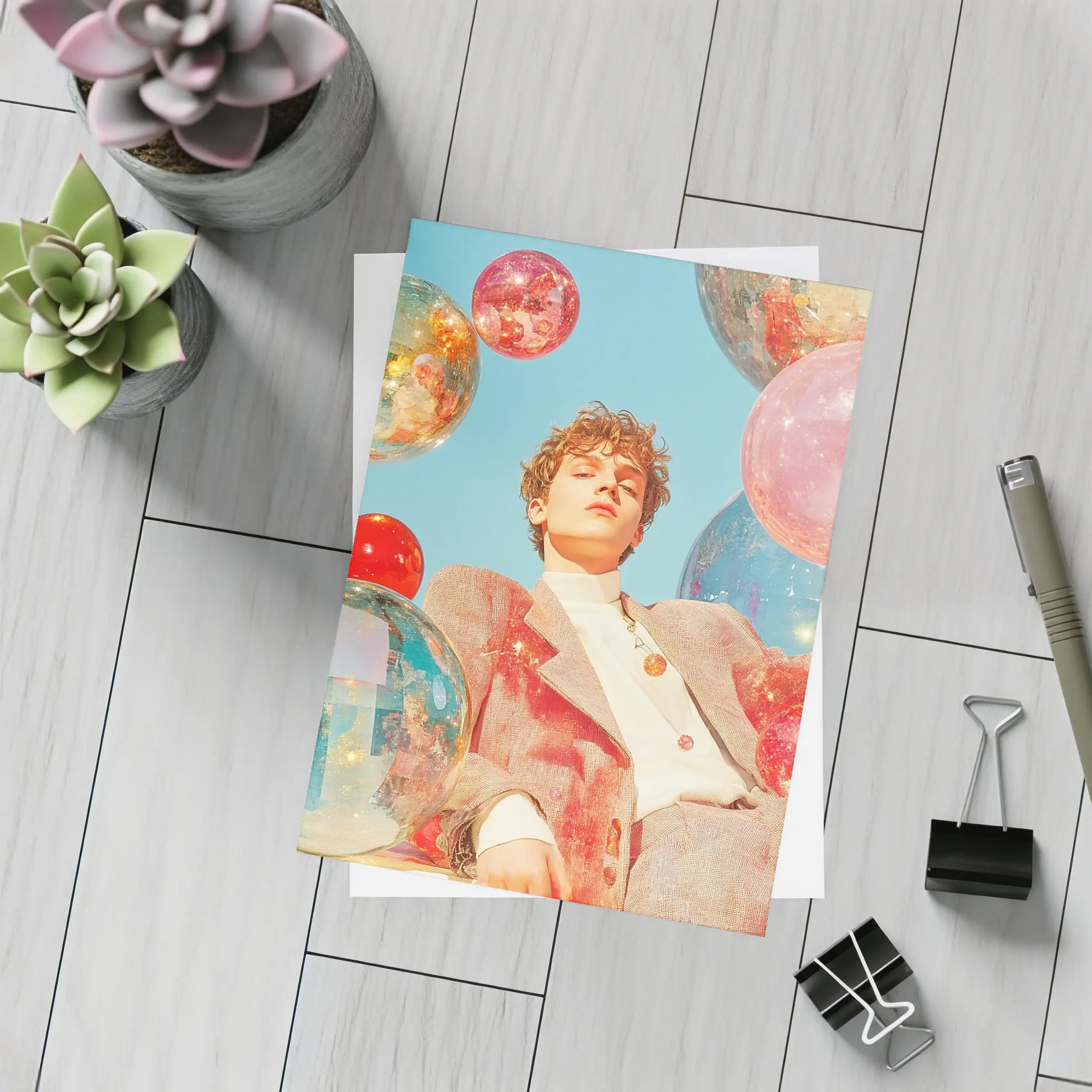 Young Man Floating Colorful Spheres Sky – Postcards