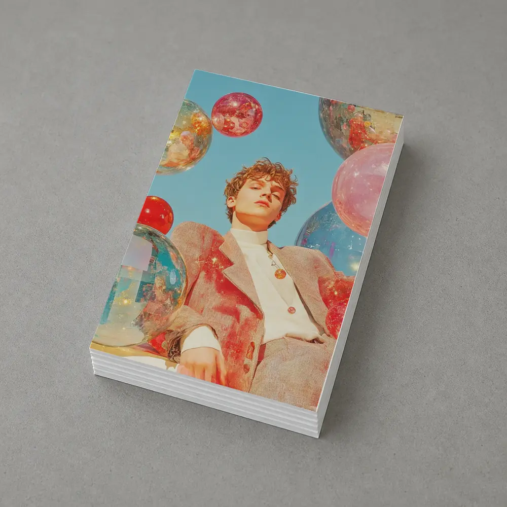 Young Man Floating Colorful Spheres Sky – Postcards