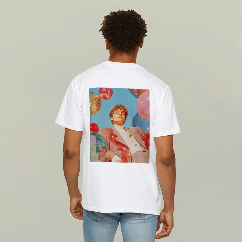 Young Man Floating Colorful Spheres Sky – T-Shirts